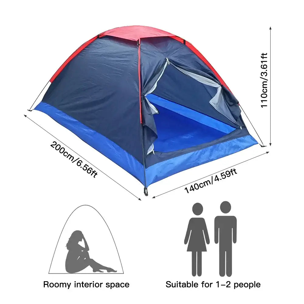 Dome-shaped camping tent with blue and red coloring.