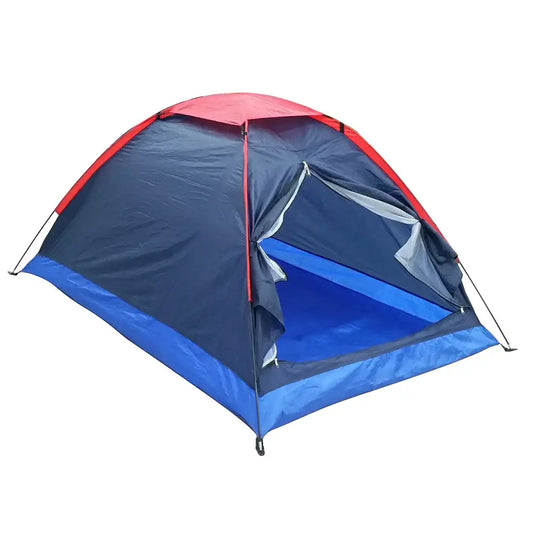 Dome-shaped camping tent with blue, navy, and red colors.