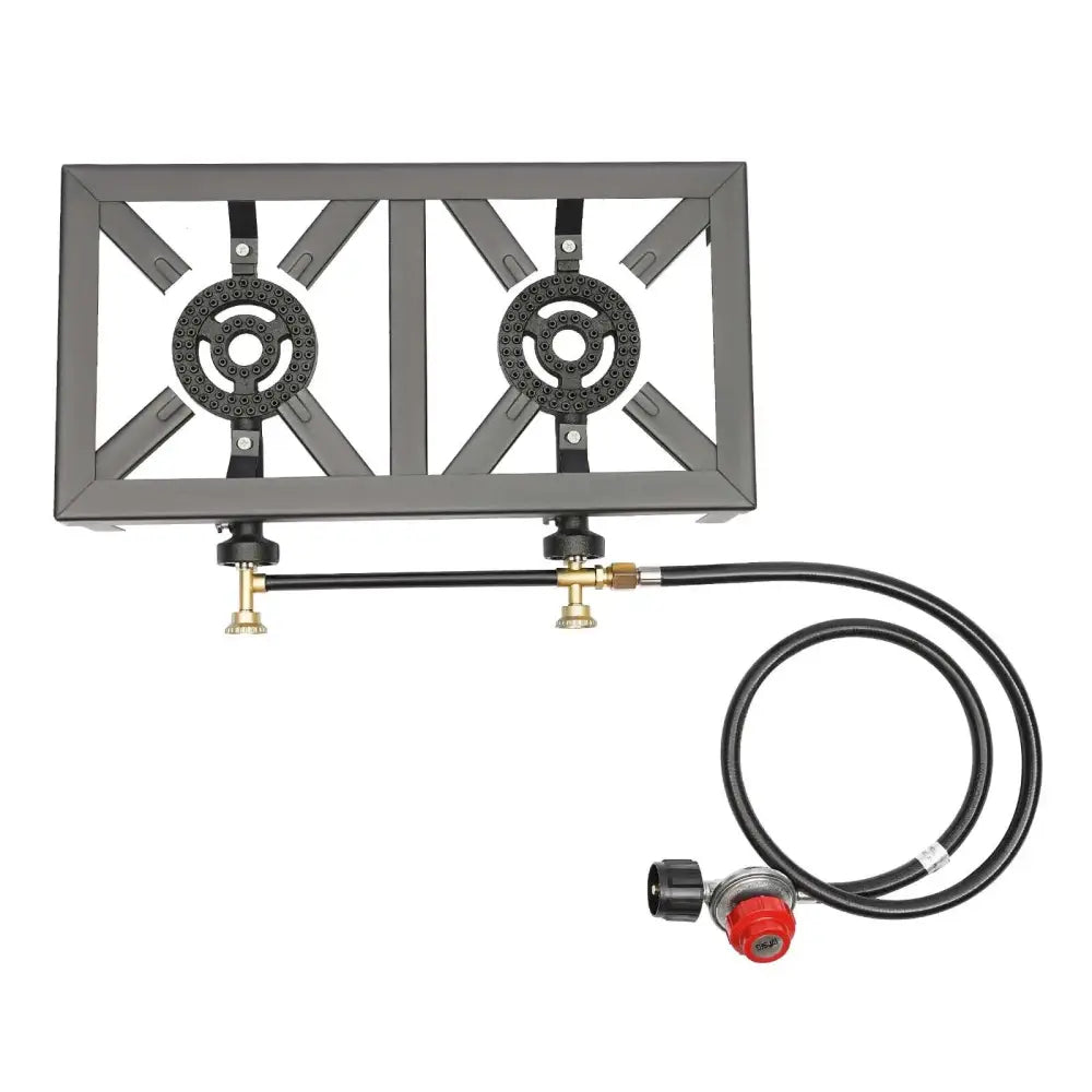 Double burner outdoor propane stove with a connected gas hose and regulator.