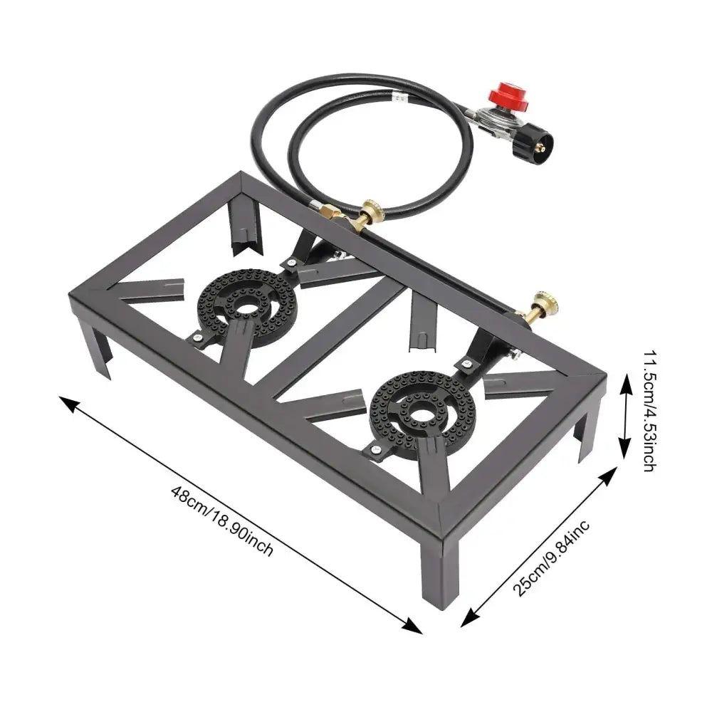 Double-burner outdoor propane stove with a sturdy metal frame and gas hose attachment.