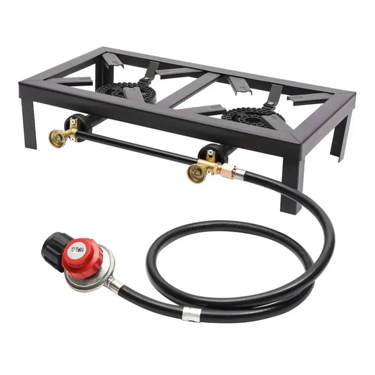 Double-burner outdoor propane stove with attached gas regulator and hose.