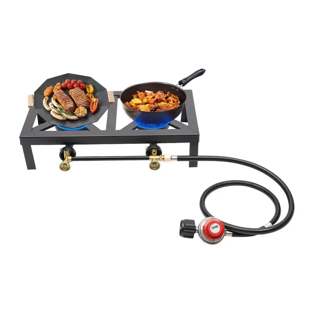 Portable double-burner propane stove with two pans containing cooked food.