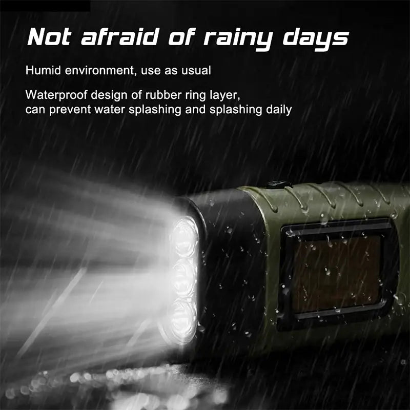 Waterproof flashlight or portable light emitting a bright beam in rainy conditions.