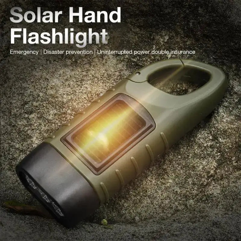 Solar-powered handheld flashlight with a glowing rectangular light panel.