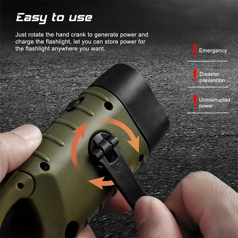 Hand-cranked emergency flashlight with multiple power functions.