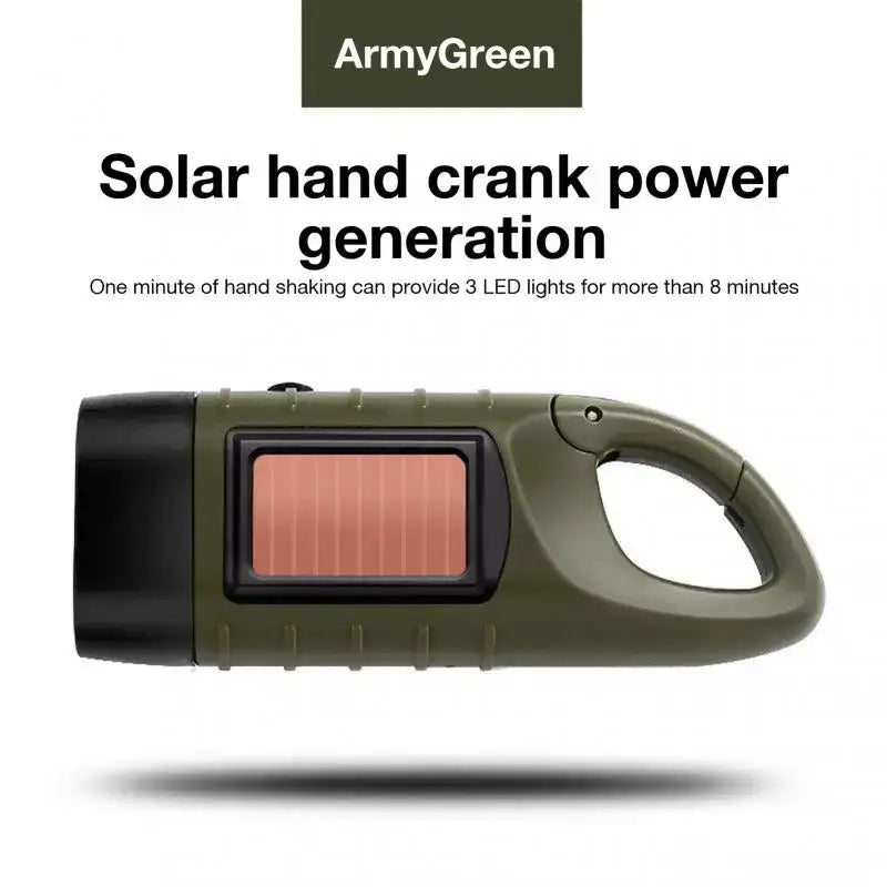 Hand-cranked solar-powered flashlight in army green color.