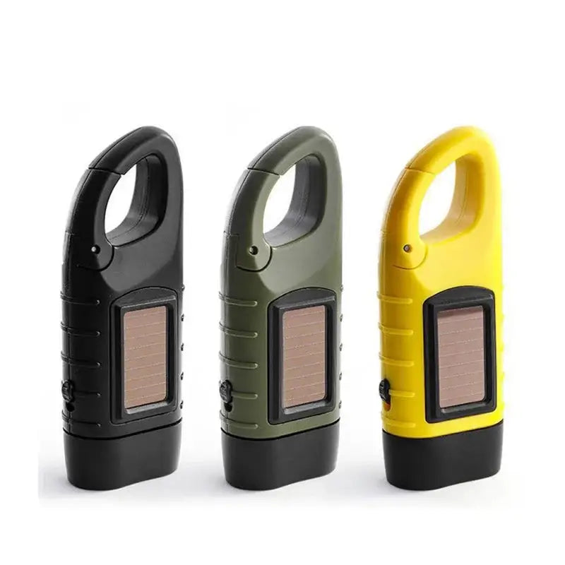 Solar-powered carabiner-style devices in black, green, and yellow colors.