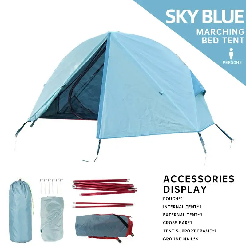 Sky blue marching bed tent with accompanying accessories.