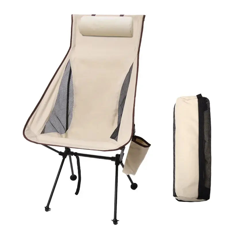 Foldable camping chair with high back and side cup holder, shown next to its compact carrying case.