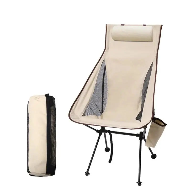 Foldable camping chair with high back and carrying case.