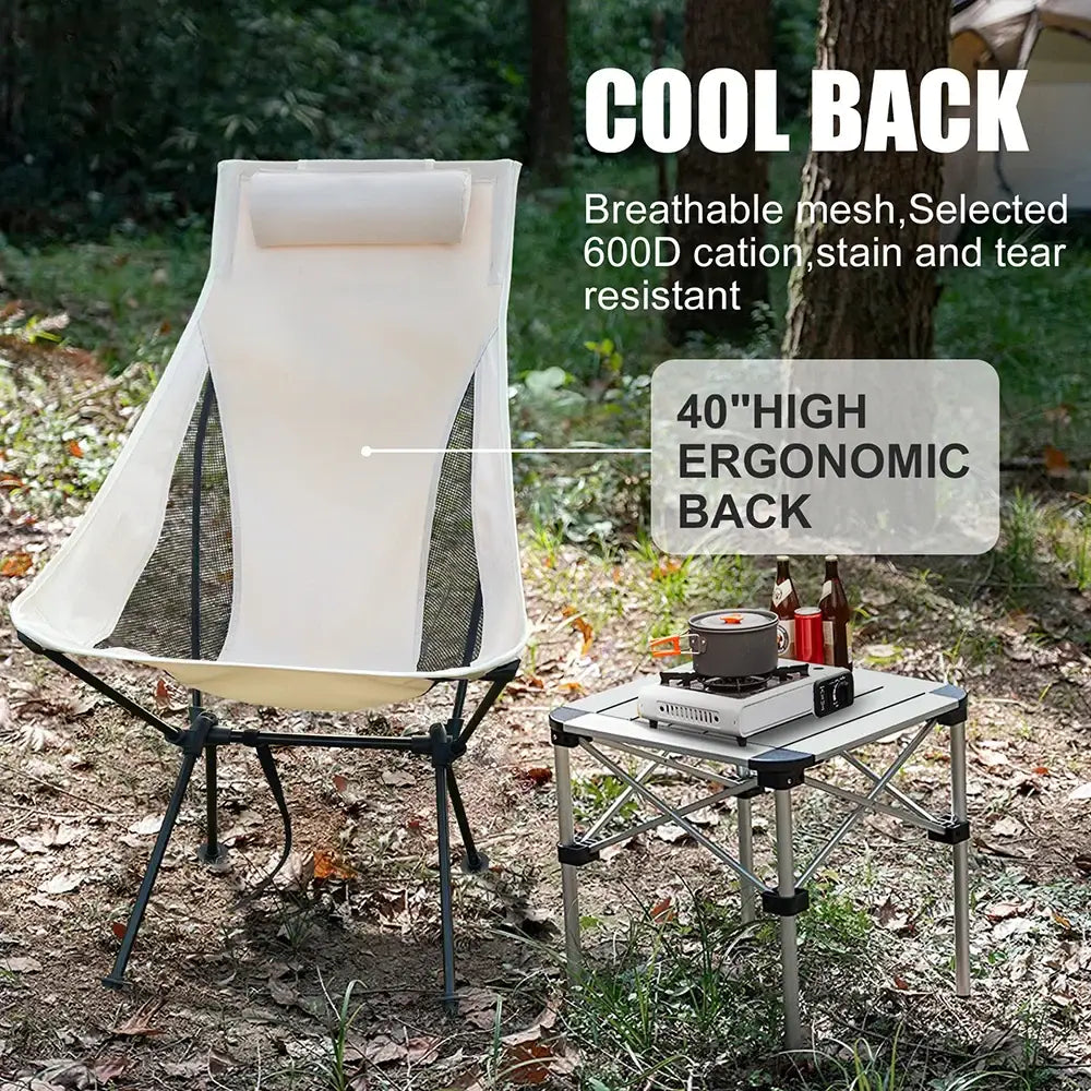 Portable camping chair with a high mesh back and ergonomic design.