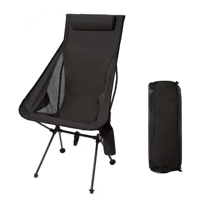 Portable folding camping chair with high back and carrying case.