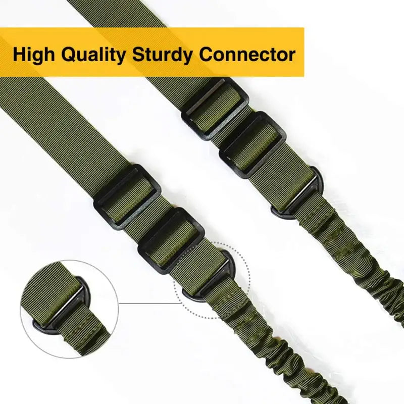 Olive green adjustable strap with buckles and elastic sections.