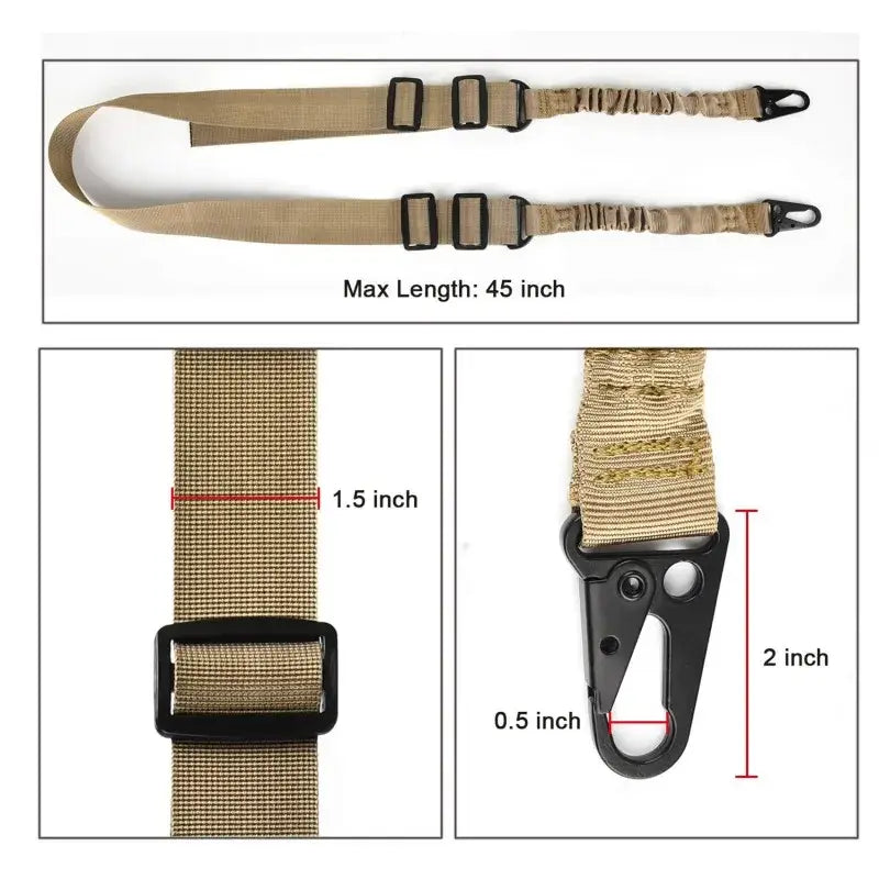 Tactical sling strap with adjustable buckles and a metal clip attachment.