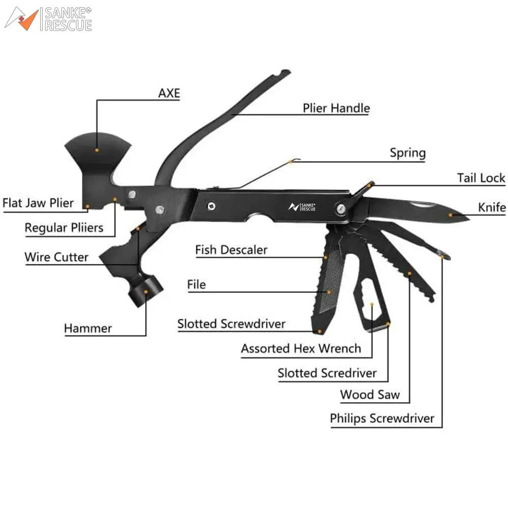 Multi-tool combining various tools like pliers, knife, screwdrivers, and saw in a compact folding design.