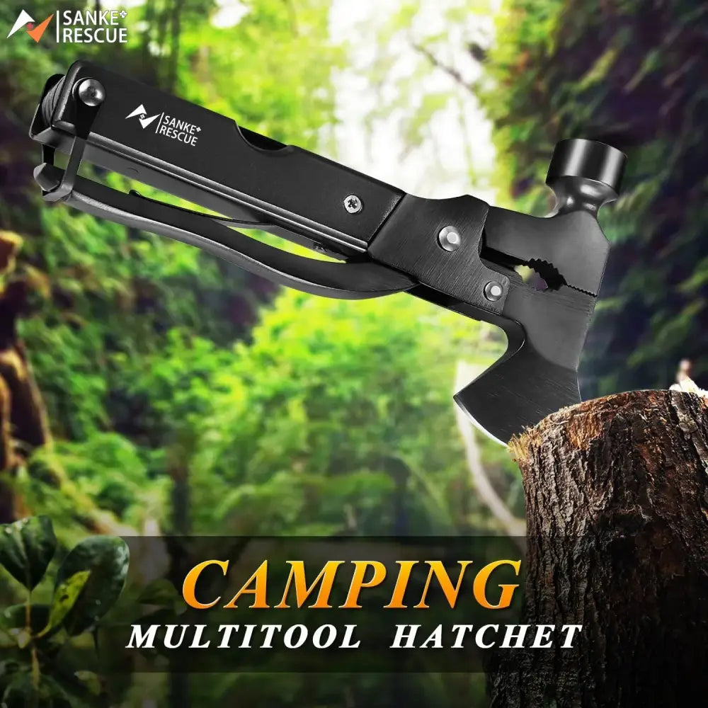 Multifunctional camping hatchet with a black handle and metal head featuring various tool attachments.