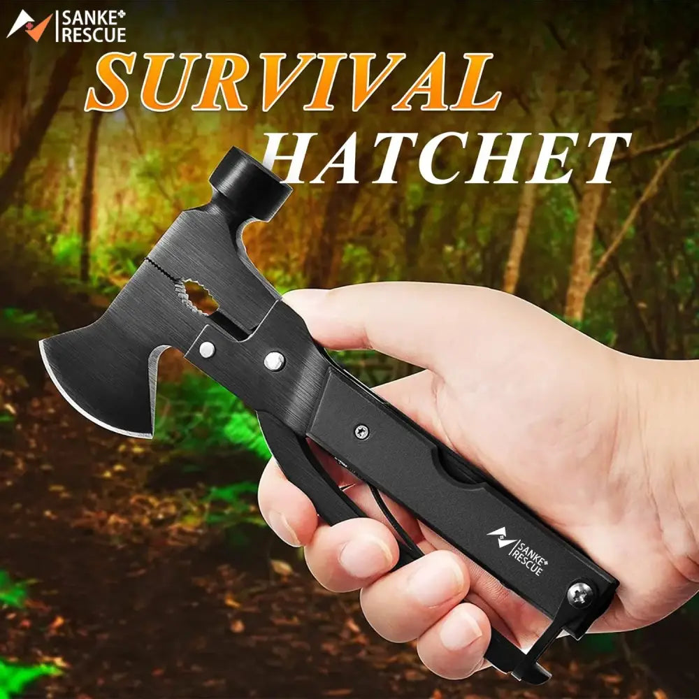 Compact multi-tool hatchet with a black handle being held in a hand.