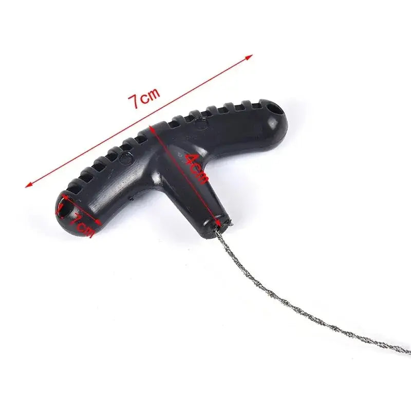 T-shaped black plastic tool with a metal wire attached.