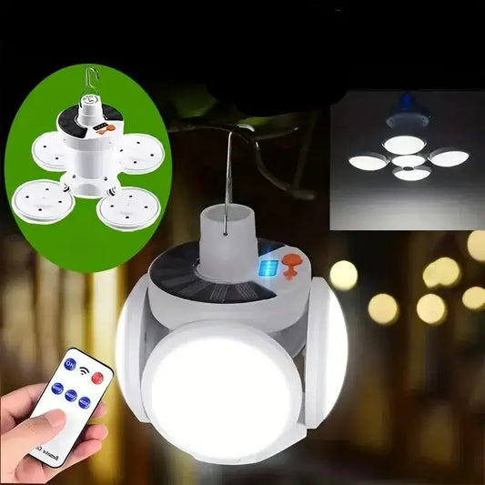 Adjustable LED light fixture with multiple folding panels and remote control.