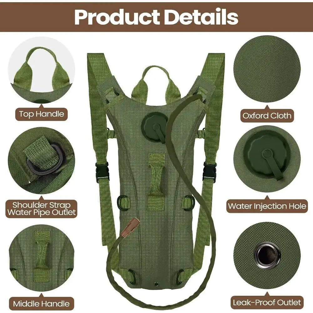 Military-style hydration backpack with multiple straps and water storage features.