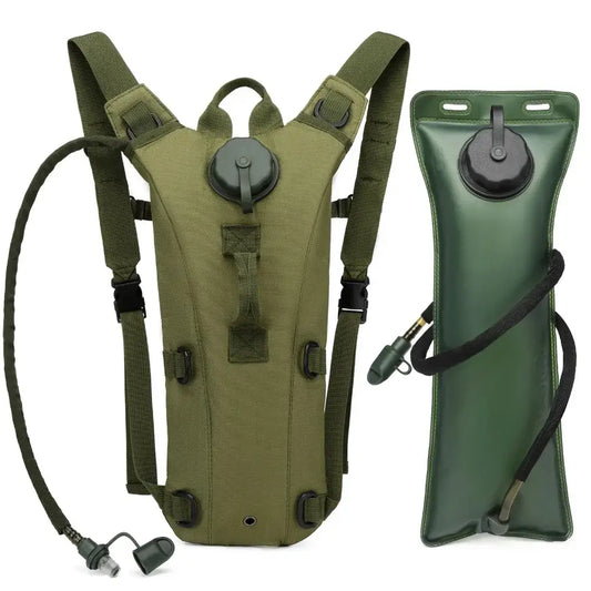 Military-style hydration backpack with attached water reservoir.