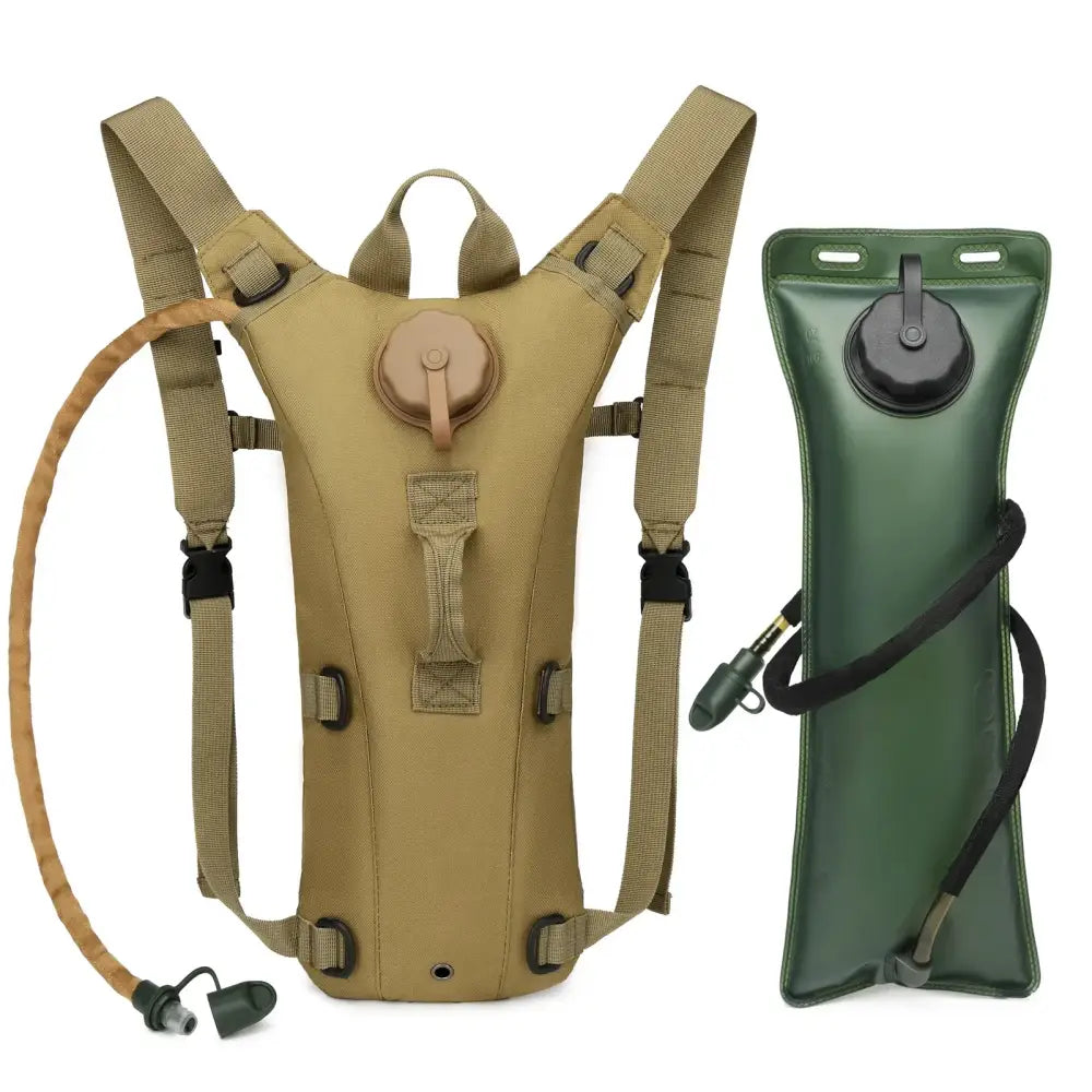 Tactical hydration backpack with attached water reservoir bladder.