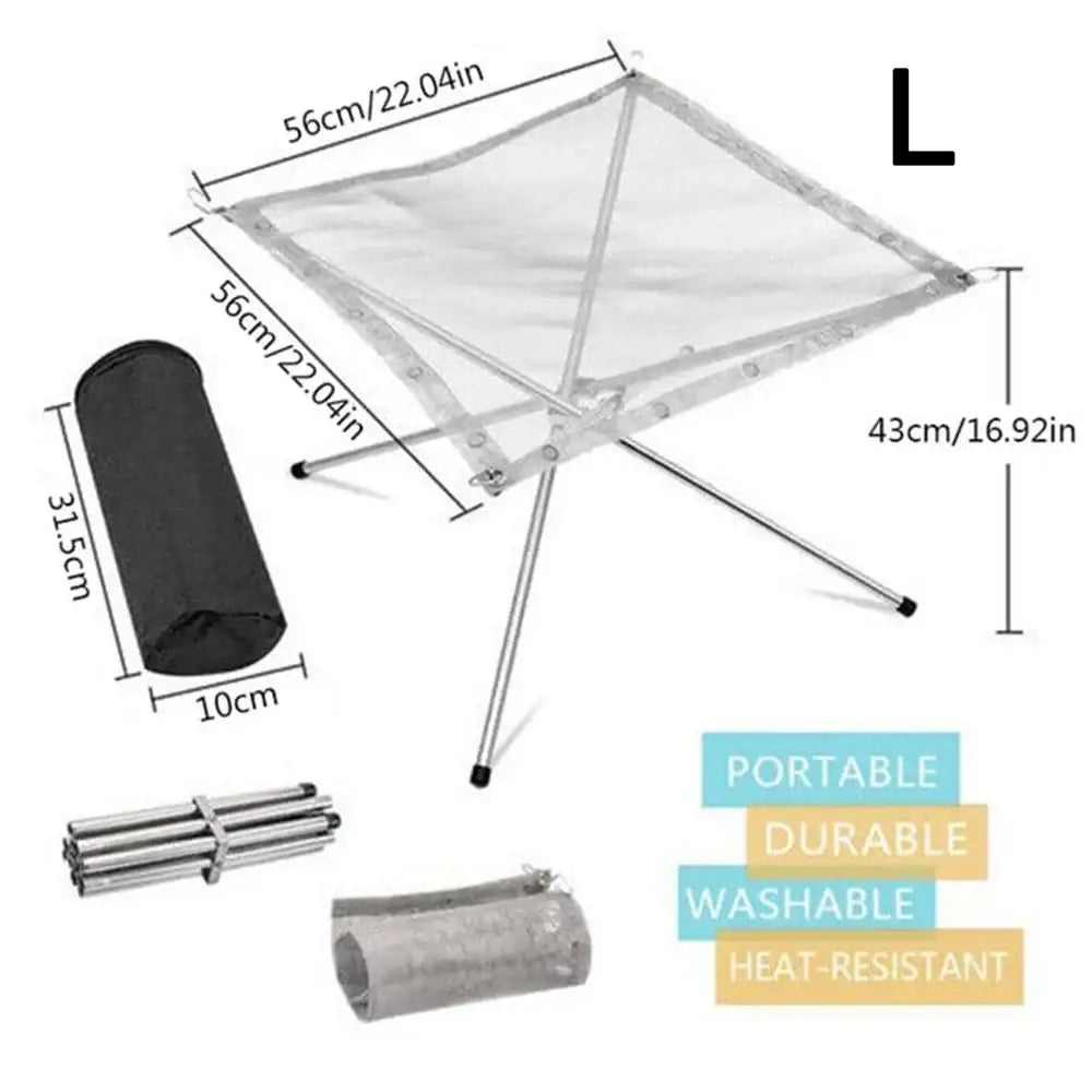 Collapsible camping table with a square mesh top and folding metal legs.