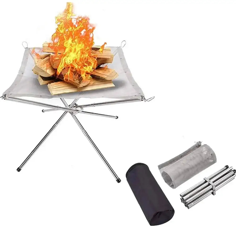 Portable folding fire pit with flames and burning logs on a metal mesh surface.