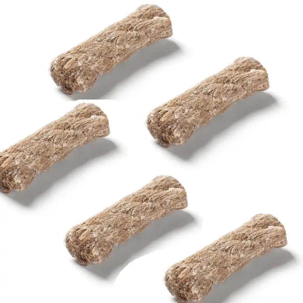 Elongated, cylindrical dog treats or chews with a rough, fibrous texture.