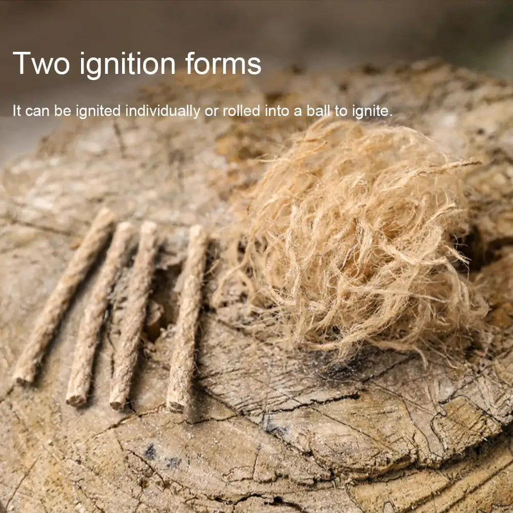 Fibrous tinder material shown in two forms: loose strands and compact sticks.