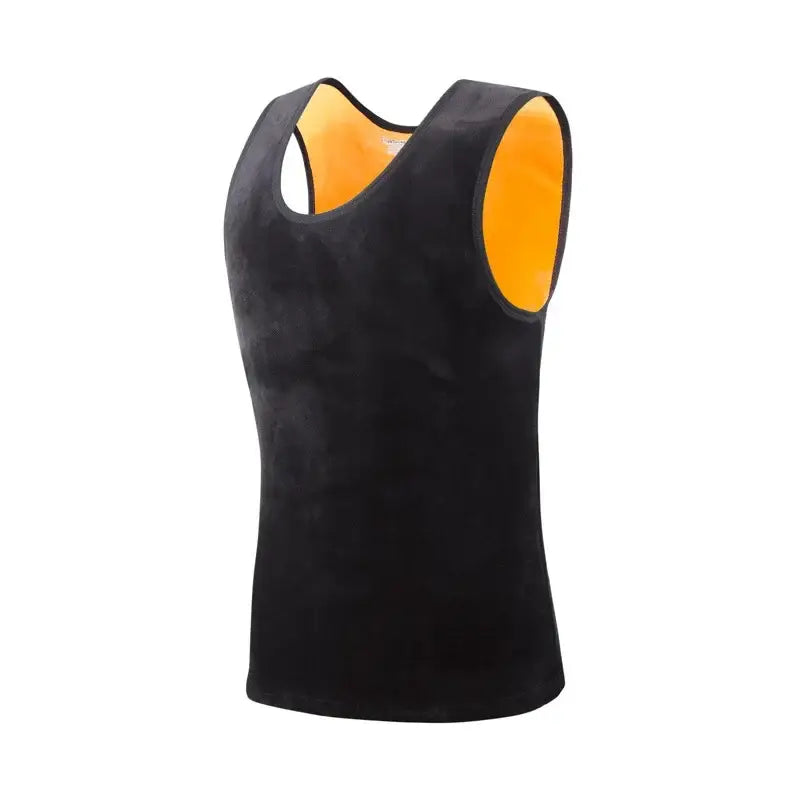 Black sleeveless athletic shirt with orange inner lining.