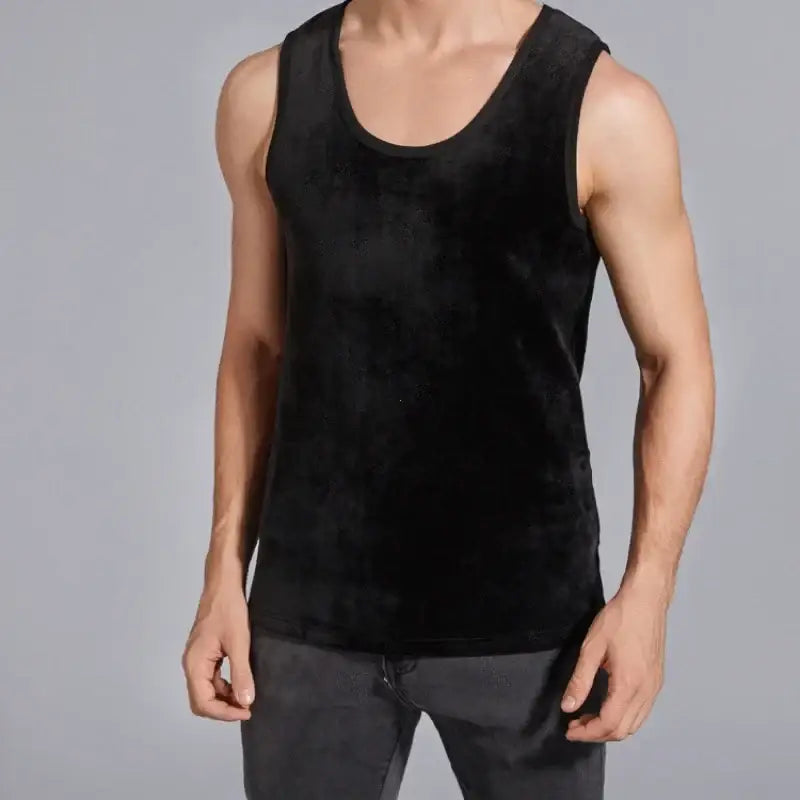 Black sleeveless tank top worn by a muscular torso.