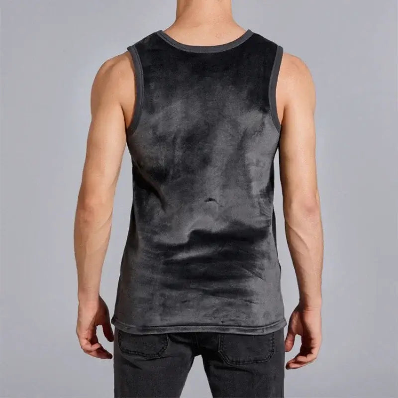 Sleeveless black tank top with a mottled, smoky pattern worn by a person.