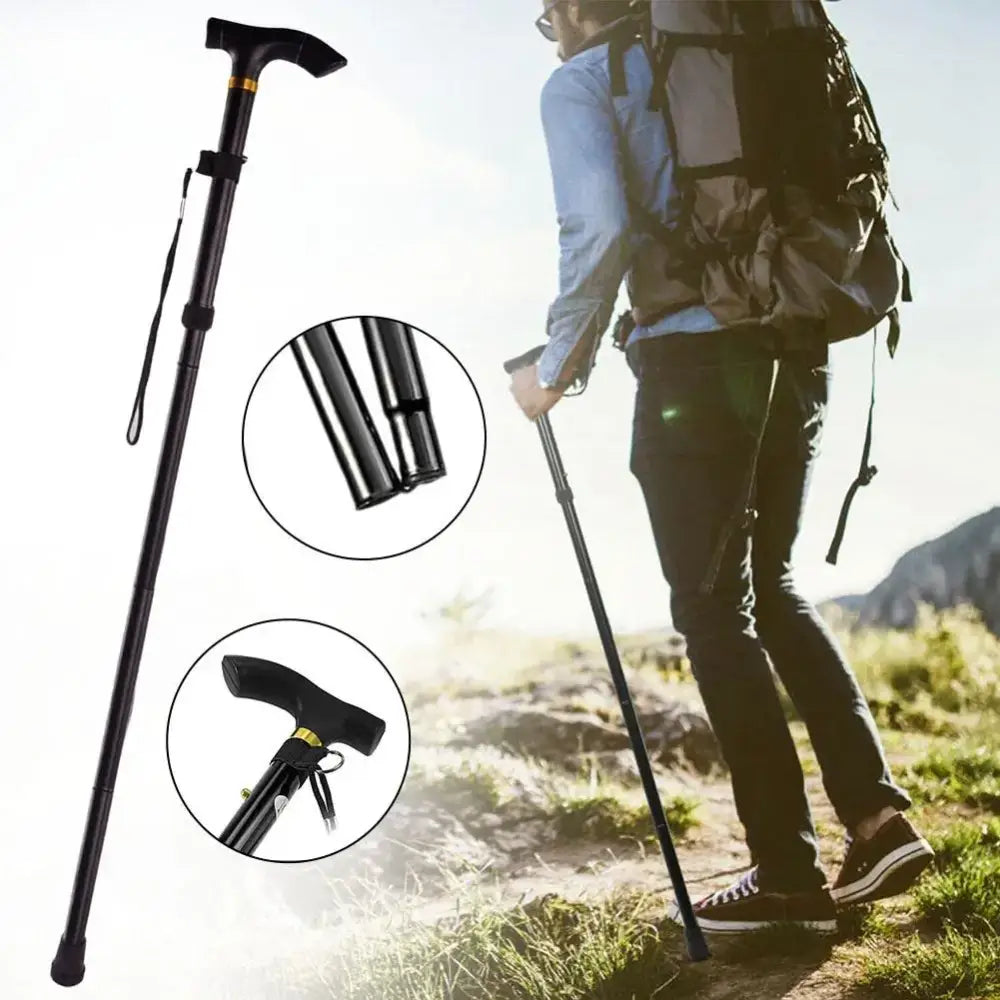 Adjustable hiking or walking stick with close-up views of its handle and tip.