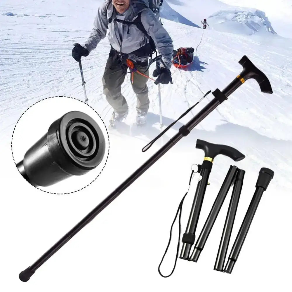 Collapsible hiking or trekking pole with a rubber tip and folded sections.