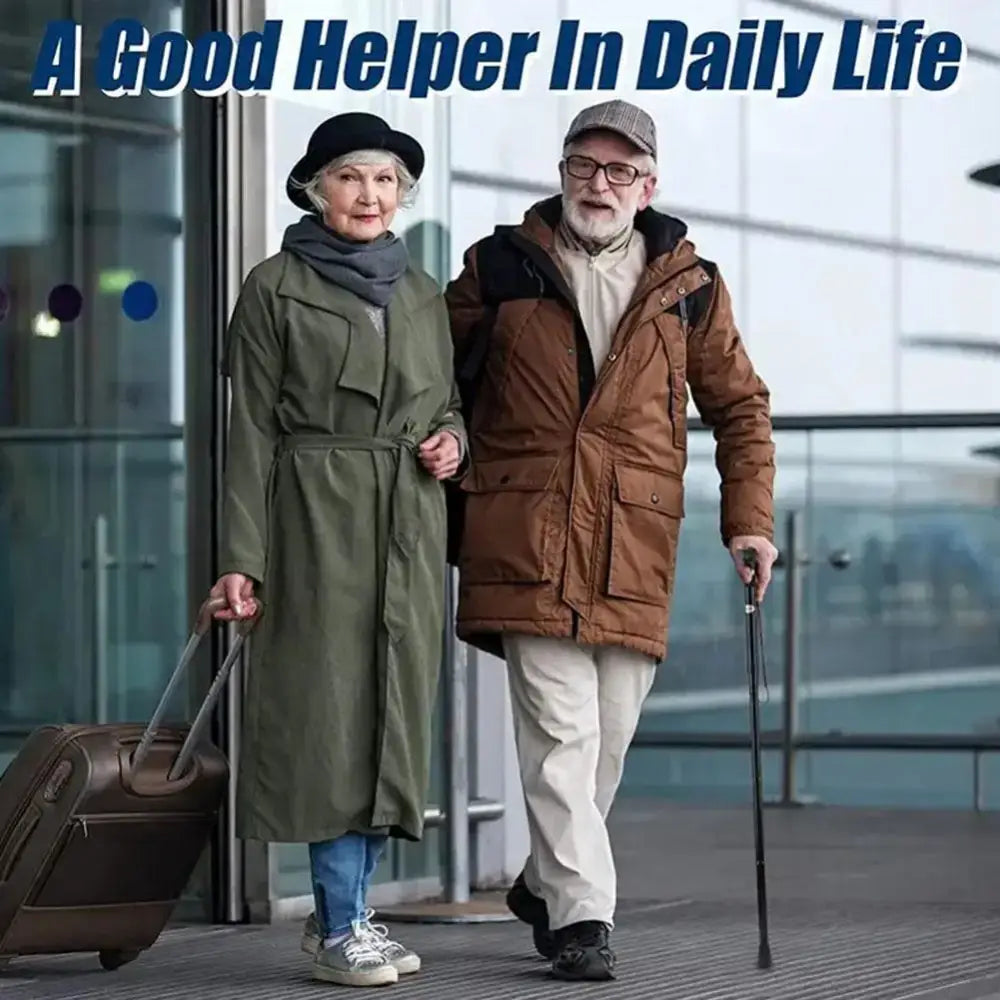 Elderly couple walking together with luggage and a cane.