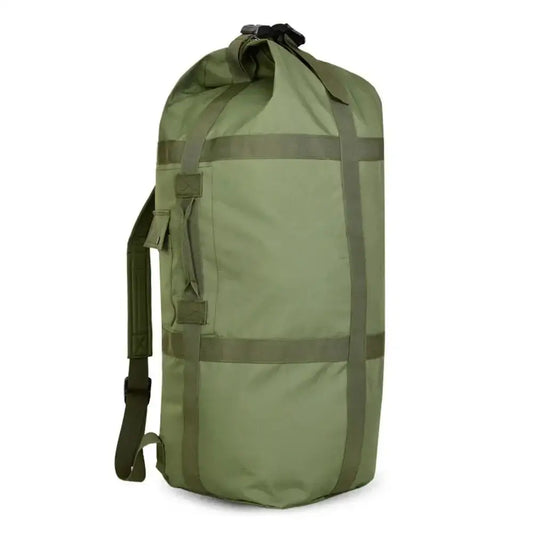 Military-style duffel bag or rucksack in olive green with adjustable straps.