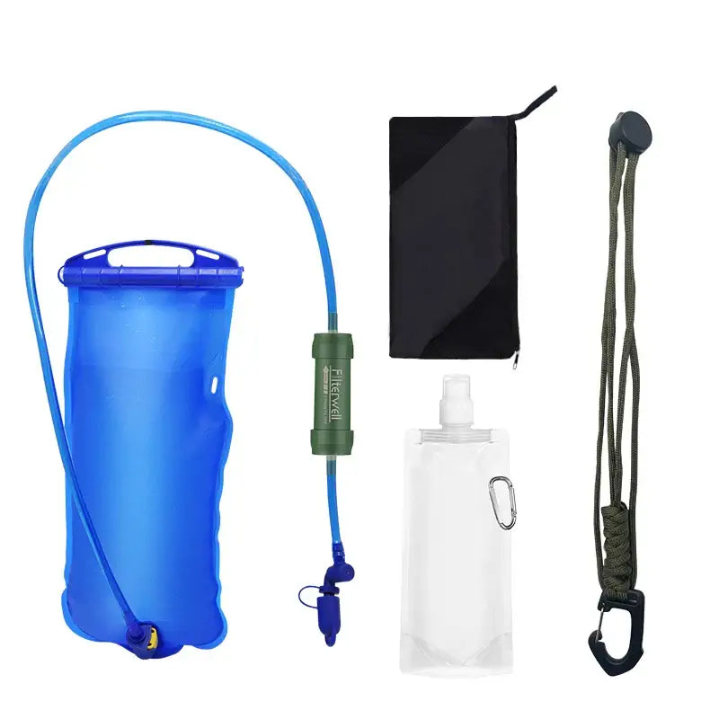 Blue flexible water reservoir or hydration bladder with a drinking tube.