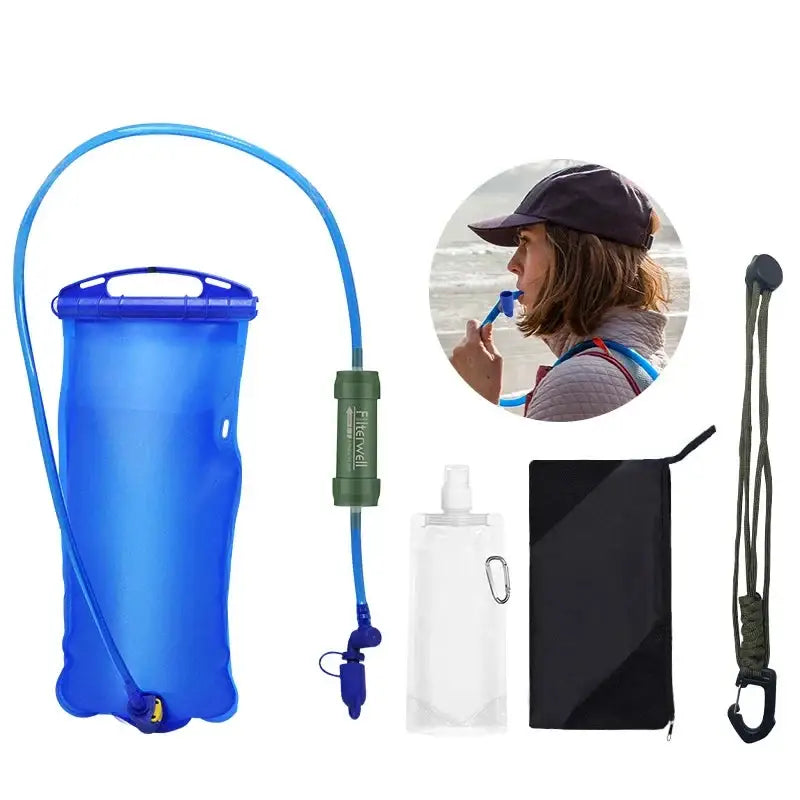 Blue hydration bladder with a long drinking tube.