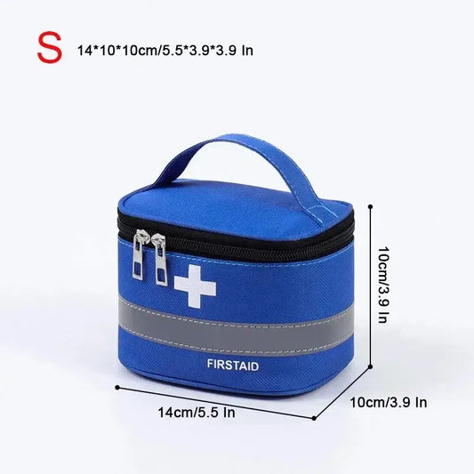 Blue first aid kit bag with a white cross symbol and reflective stripe.