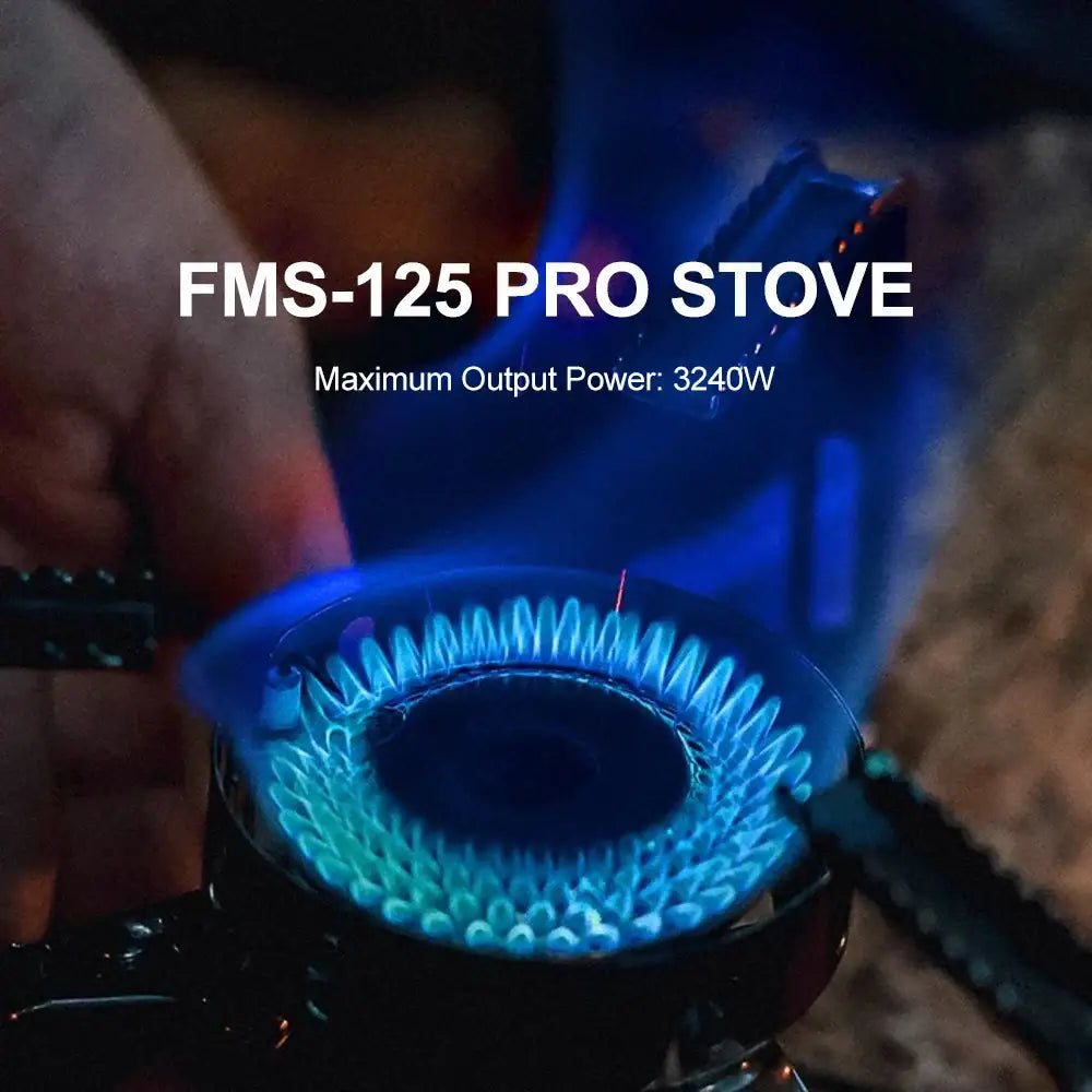 Portable camping stove with a bright blue flame burning.