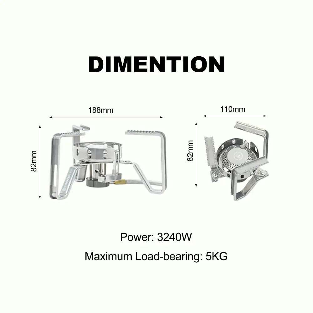 Portable camping stove with dimensions and specifications shown.