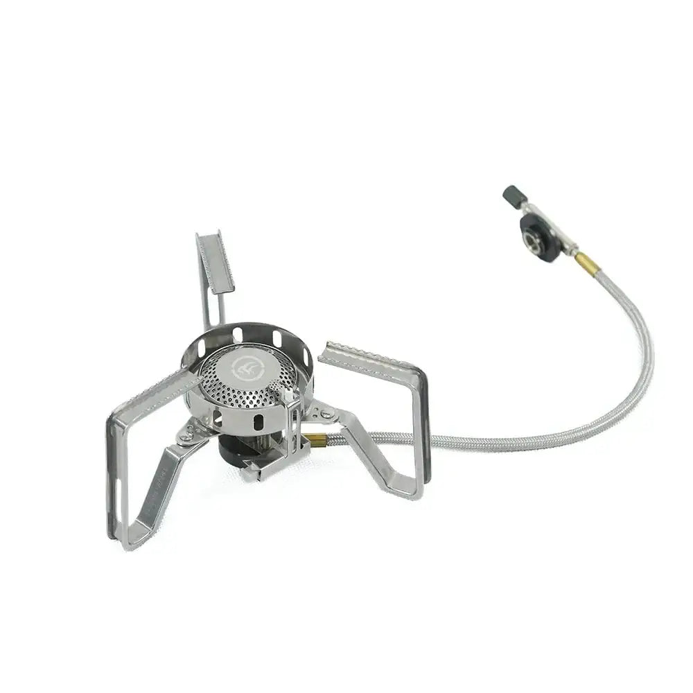 Portable camping stove with folding legs and a flexible fuel line.