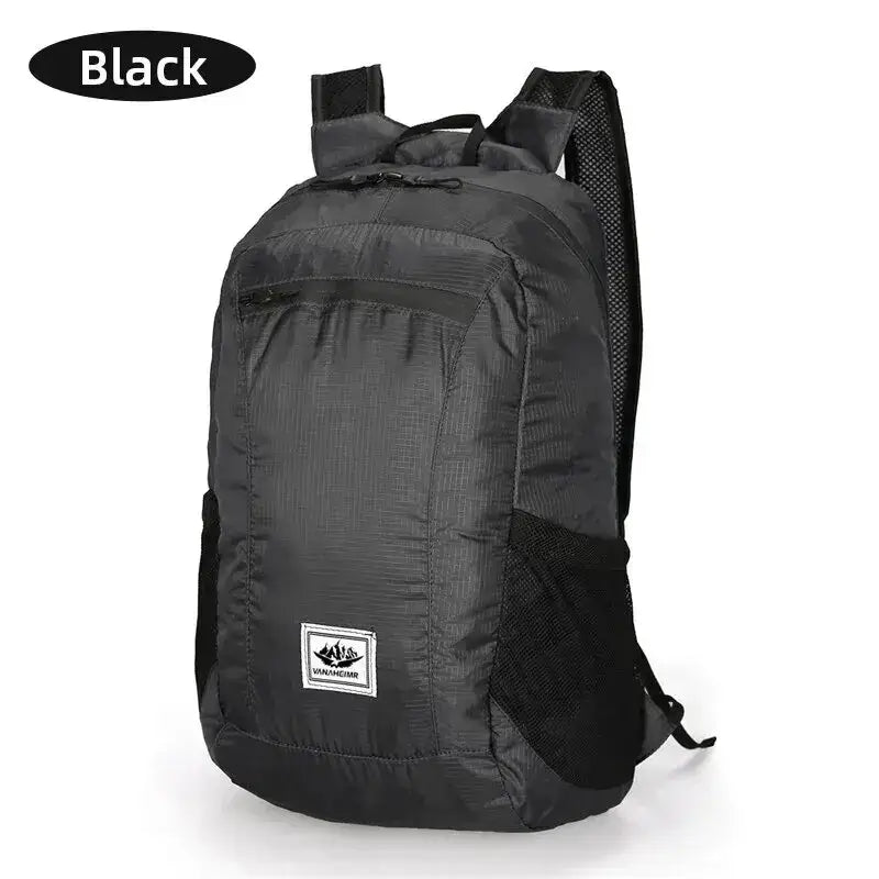 Black backpack with multiple compartments and a brand logo patch.