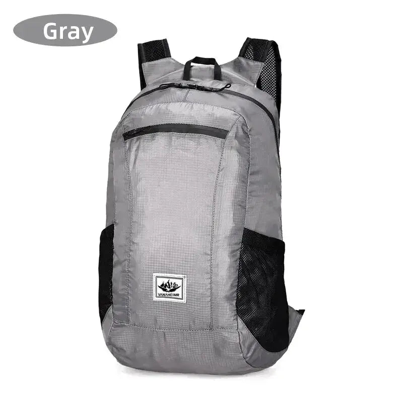 Gray backpack with black straps and side pockets.