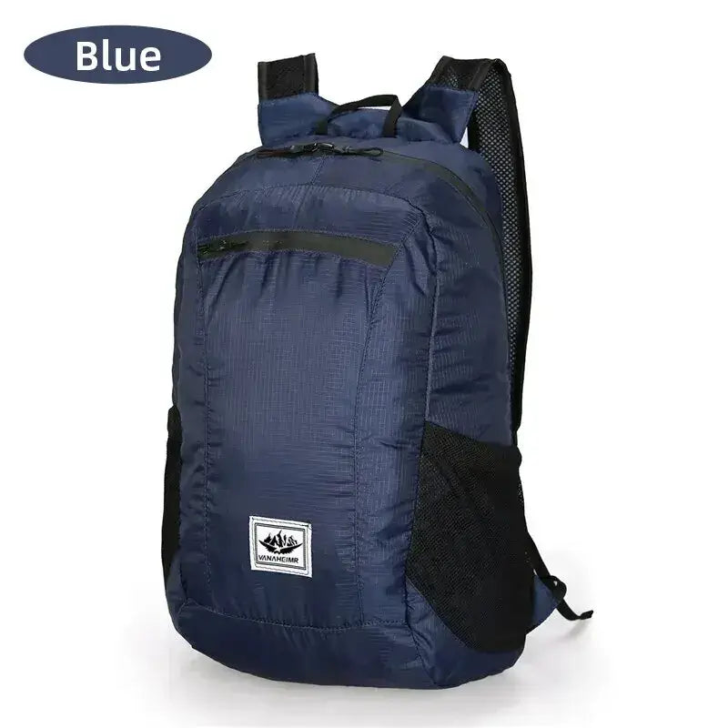 Navy blue backpack with black accents and a small logo patch.