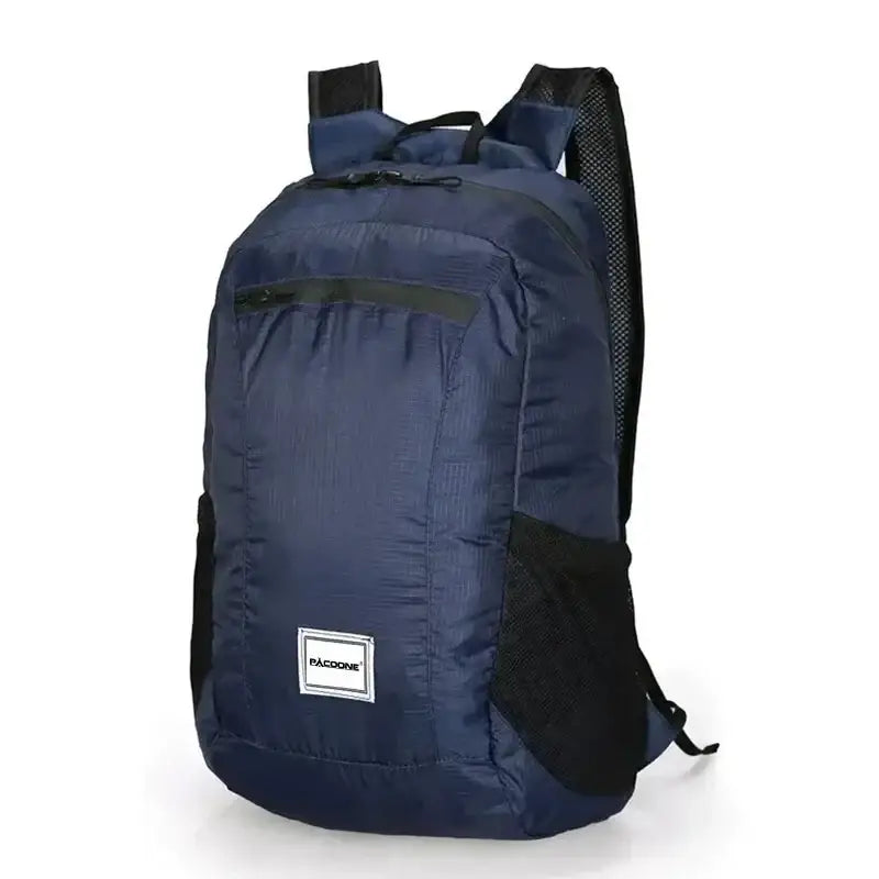 Navy blue backpack with black straps and a white logo patch.