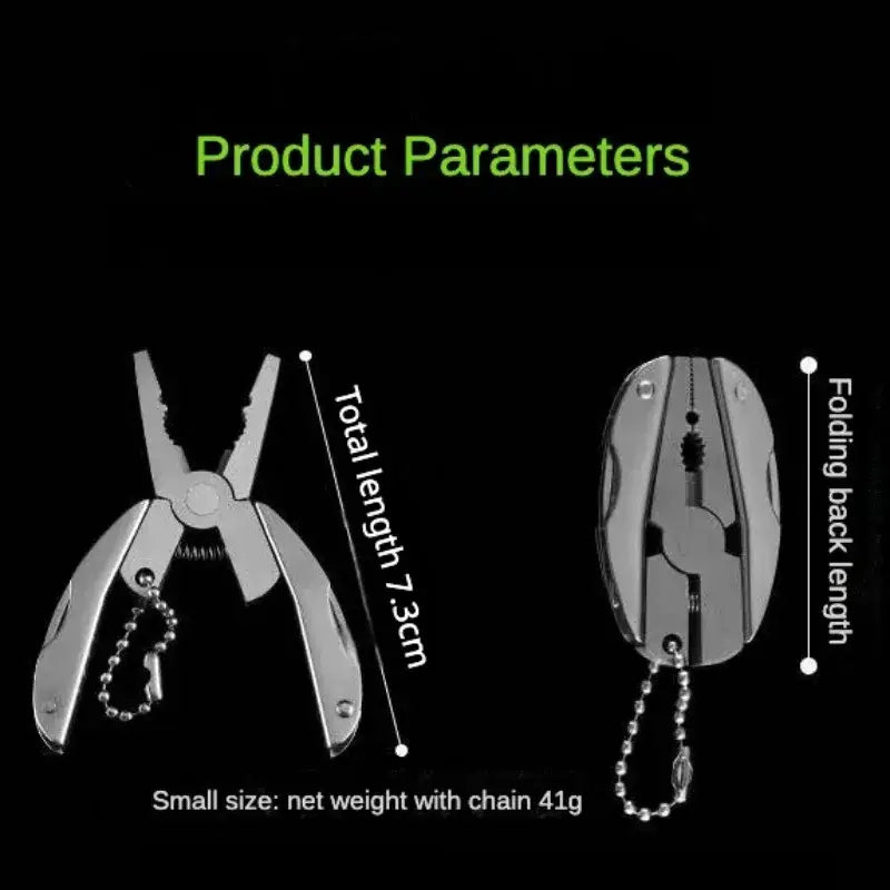 Multi-tool pliers with a folding design and attached keychain.