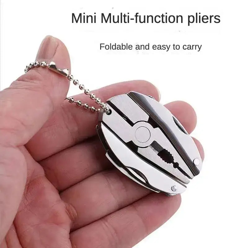 Mini multi-function pliers that are foldable and attached to a keychain.