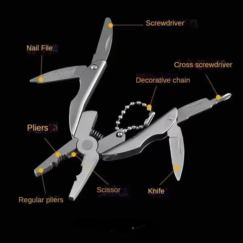 Multi-tool pocket knife with various folding implements and a decorative chain.